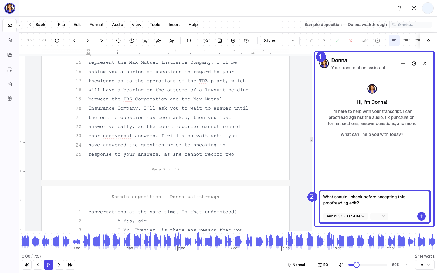 Full light-mode editor window with sample transcript, menus, toolbar, audio controls and Donna visible on the right; numbered annotations identify the panel and question input.