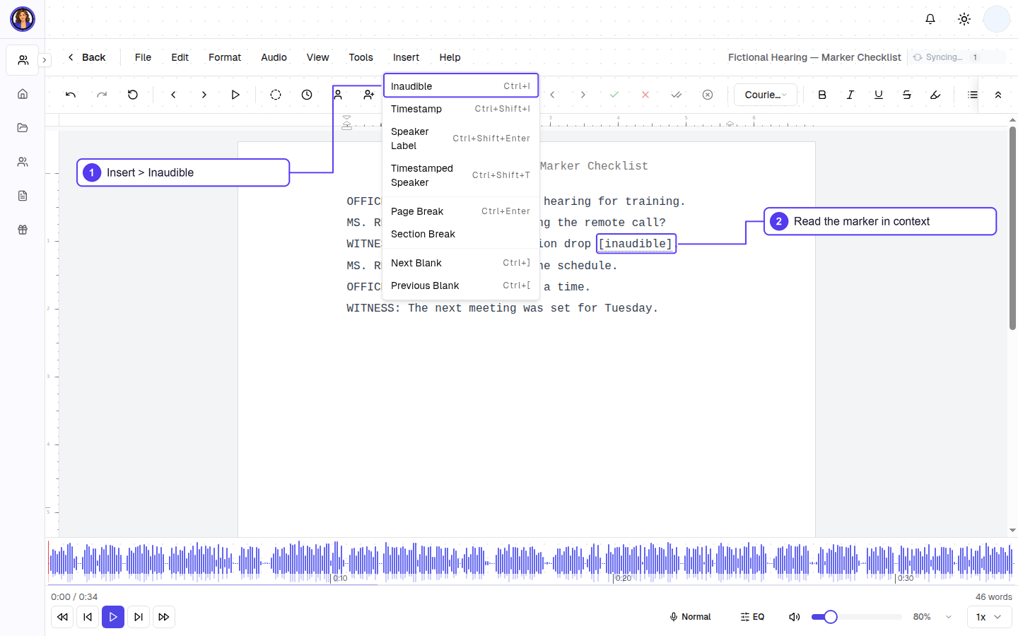 Real HeyDonna transcript editor with numbered callouts showing the Insert menu's Inaudible command and the inserted marker in a fictional passage.