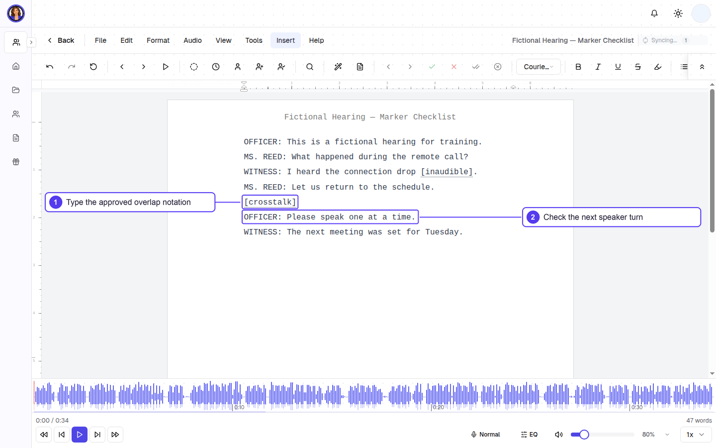 Real HeyDonna editor showing a manually typed sample crosstalk marker, with numbered callouts identifying the overlap notation and the next speaker turn.