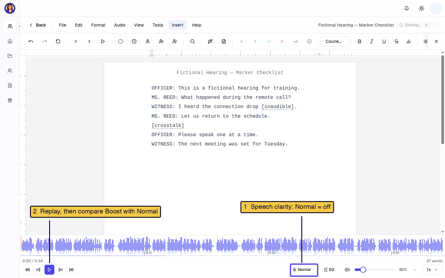 Real HeyDonna editor on a fictional training transcript, with numbered callouts identifying the audio player and its speech-clarity toggle, currently labelled Normal because Boost is off.