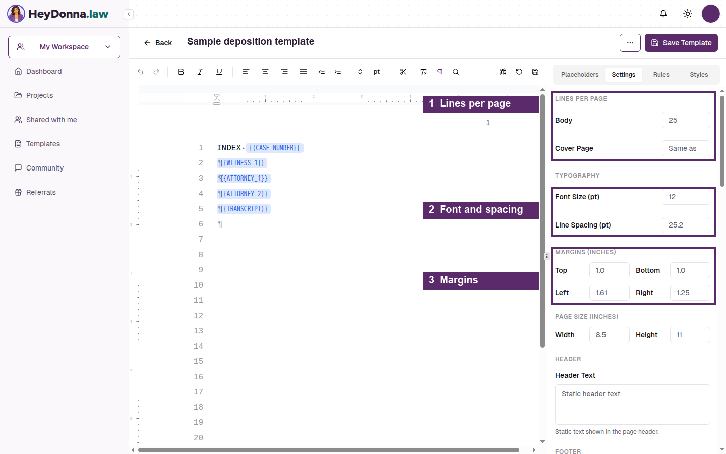 Step 1: Template settings showing the lines-per-page setting