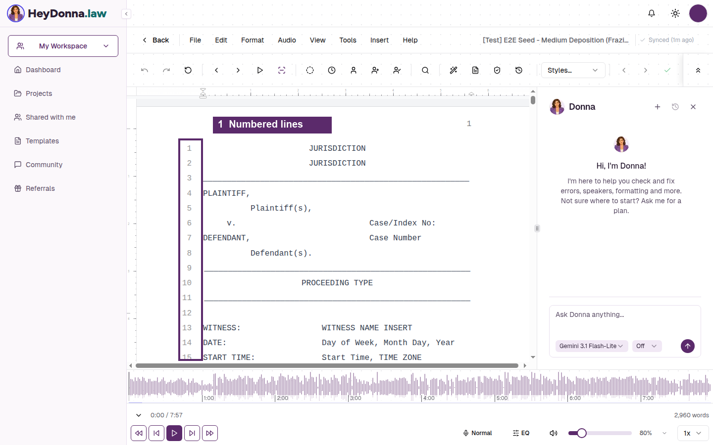 Step 2: Transcript view with numbered lines on the page