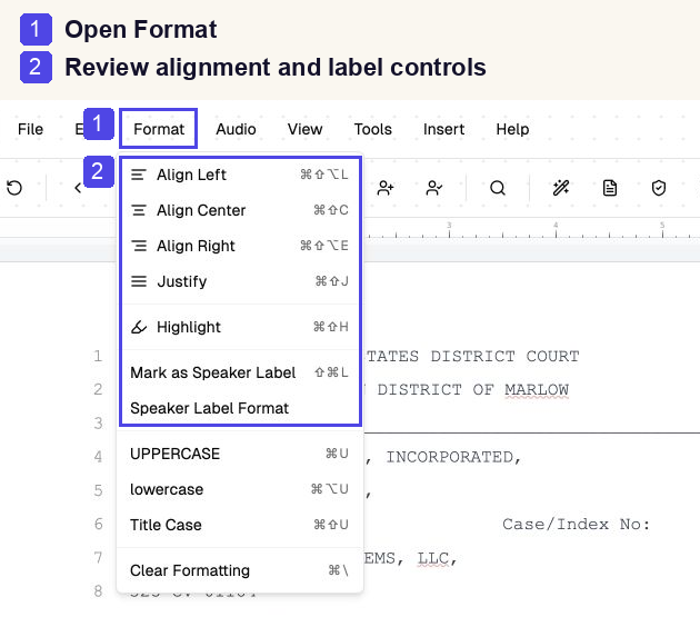 Cropped real editor Format menu: callout 1 marks Format; callout 2 highlights paragraph alignment and speaker-label controls