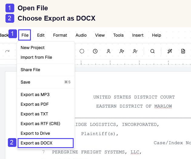 Cropped real editor File menu: callout 1 marks File; callout 2 highlights Export as DOCX