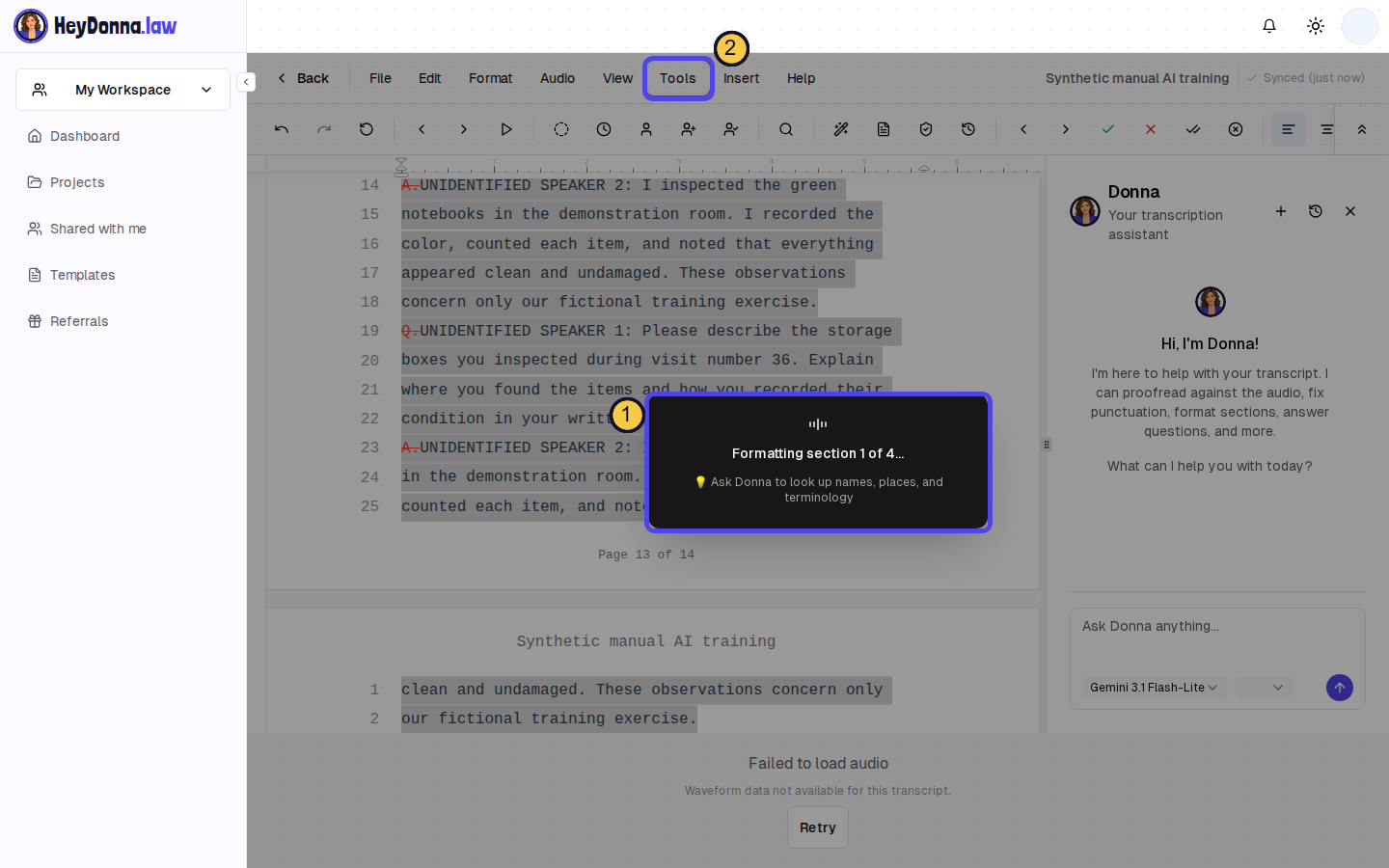 Real HeyDonna editor on a fictional training transcript, with a Formatting section 1 of 4 progress card (1) and the Tools menu highlighted (2).