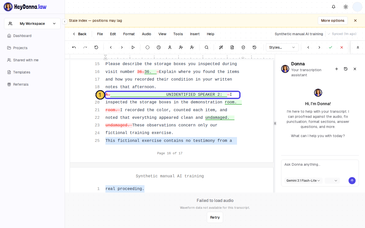 Real HeyDonna editor on a fictional training transcript showing tracked changes after formatting, with an UNIDENTIFIED SPEAKER 2 label marked (1) for review.