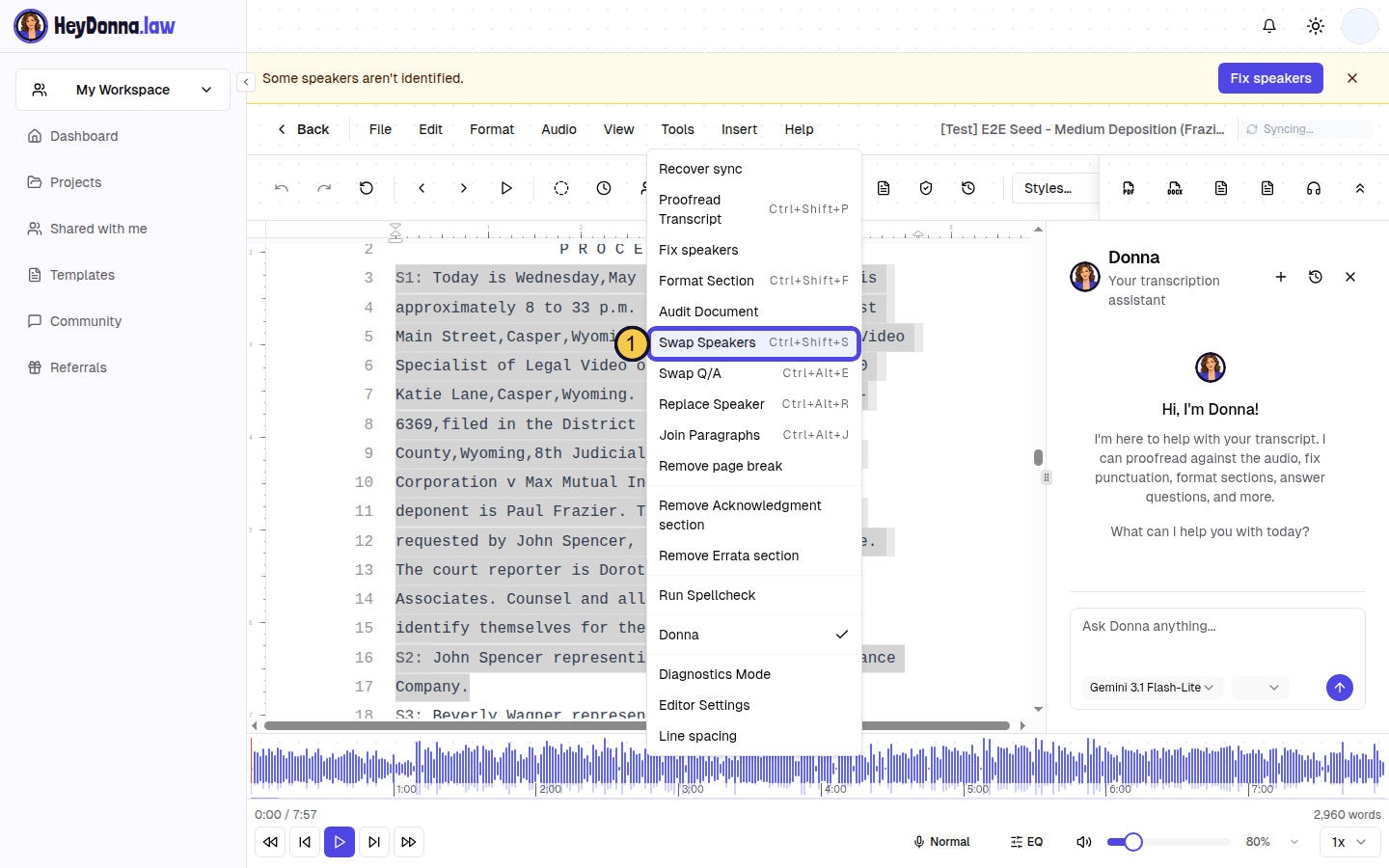 Real HeyDonna editor on a sample deposition, with the Tools menu open and Swap Speakers highlighted (1).