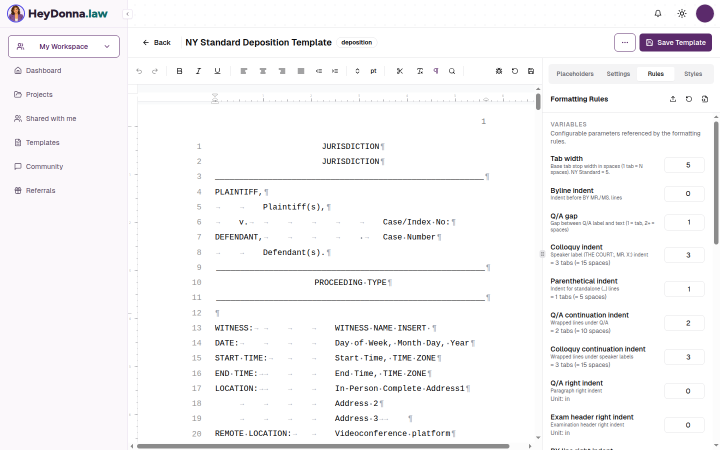 The Rules tab of the HeyDonna template editor, showing the effective formatting rules for a sample template