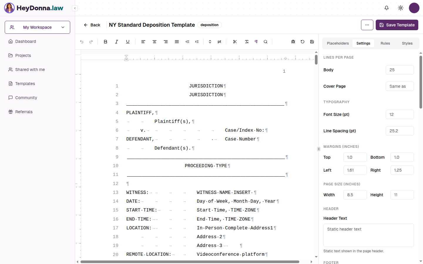 The HeyDonna template editor Settings tab, showing lines per page, font size, line spacing and margins on a sample template