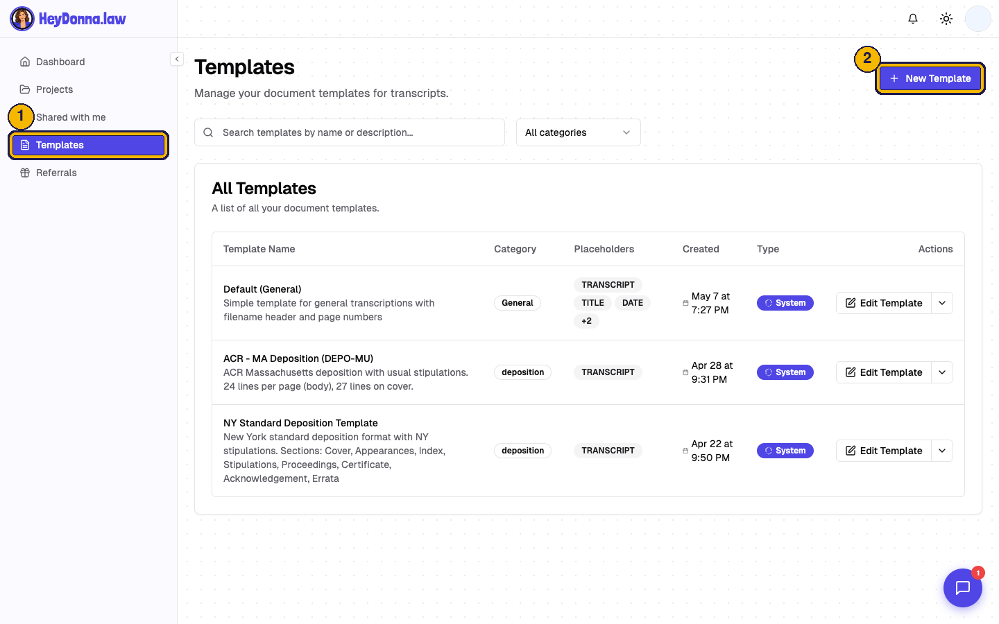 Annotated Templates page: 1 marks Templates in the sidebar, 2 marks the New Template button
