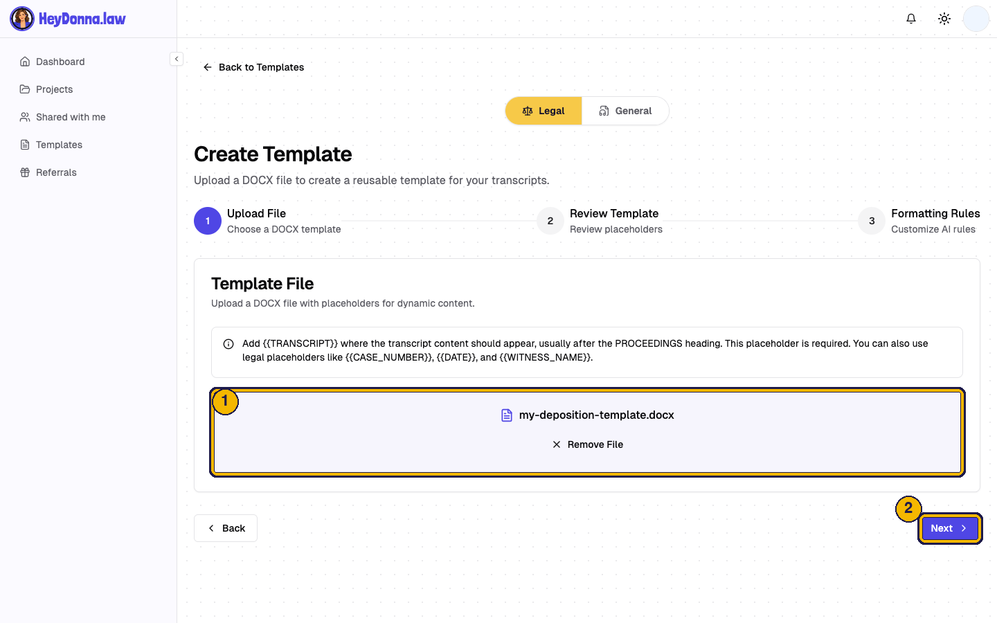 Annotated upload step: 1 marks the file upload area (Browse Files), 2 marks Next