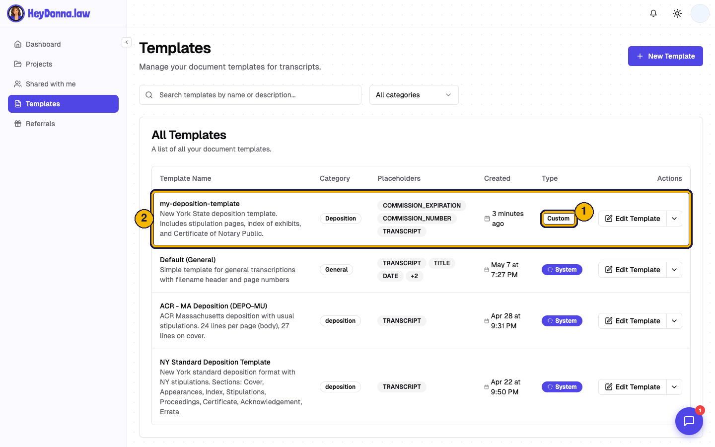 Annotated templates list: 1 marks the Custom label, 2 marks the saved template