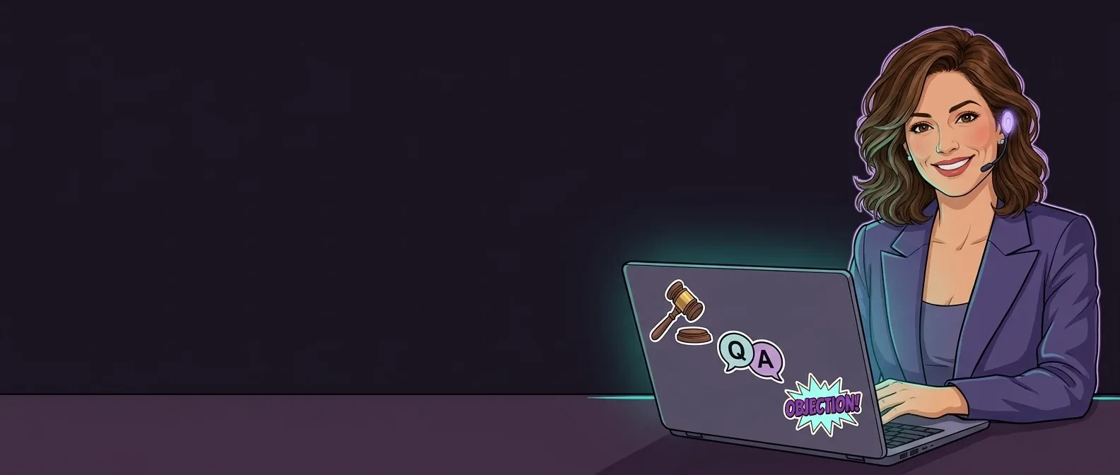 Donna at her desk, smiling, with a laptop covered in court-reporting stickers