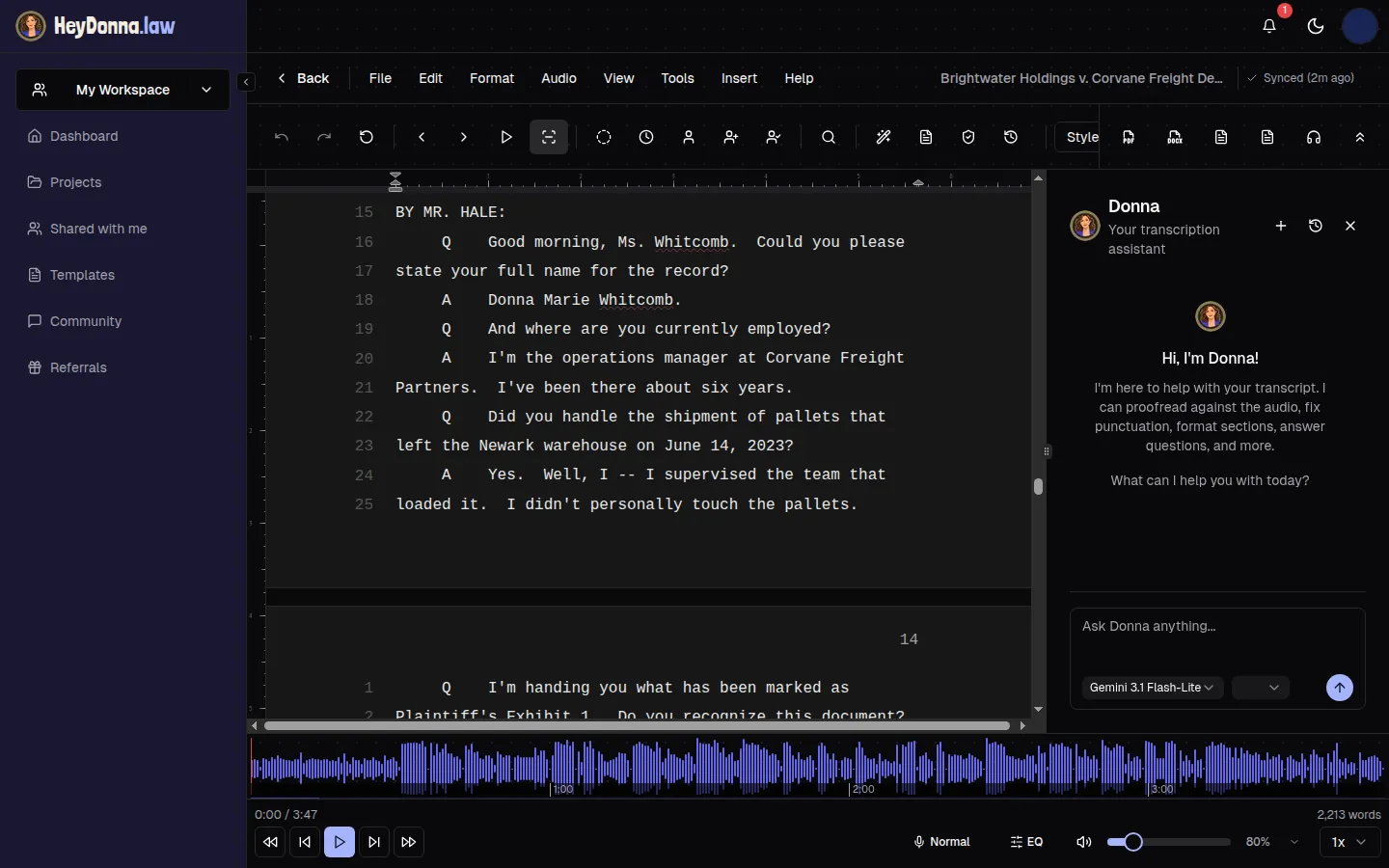 HeyDonna transcript editor with tracked proofreading changes