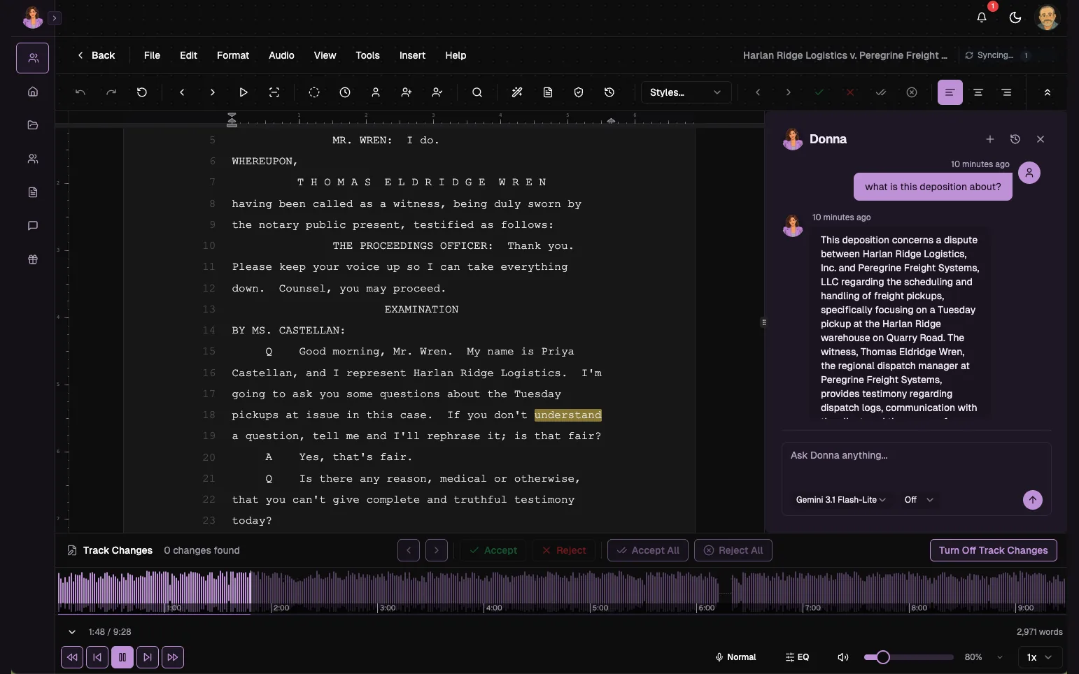 HeyDonna transcript editor with a deposition transcript and the Donna assistant panel