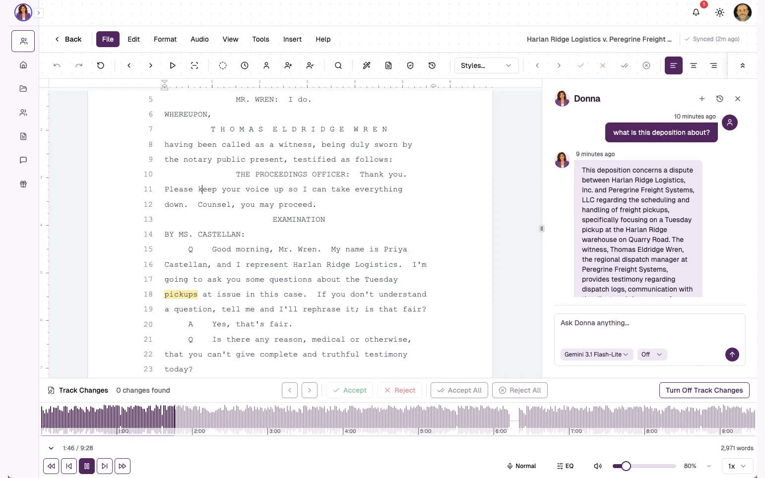 HeyDonna transcript editor with a deposition transcript and the Donna assistant panel