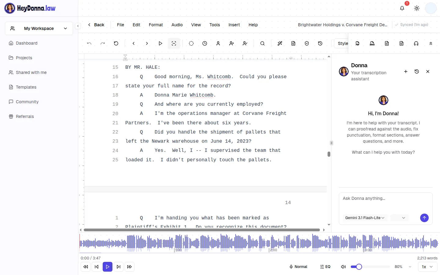 HeyDonna transcript editor with tracked proofreading changes
